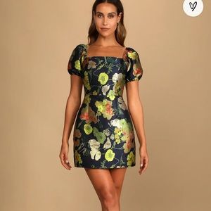 Navy Blue Floral Jacquard Puff Sleeve Mini Dress